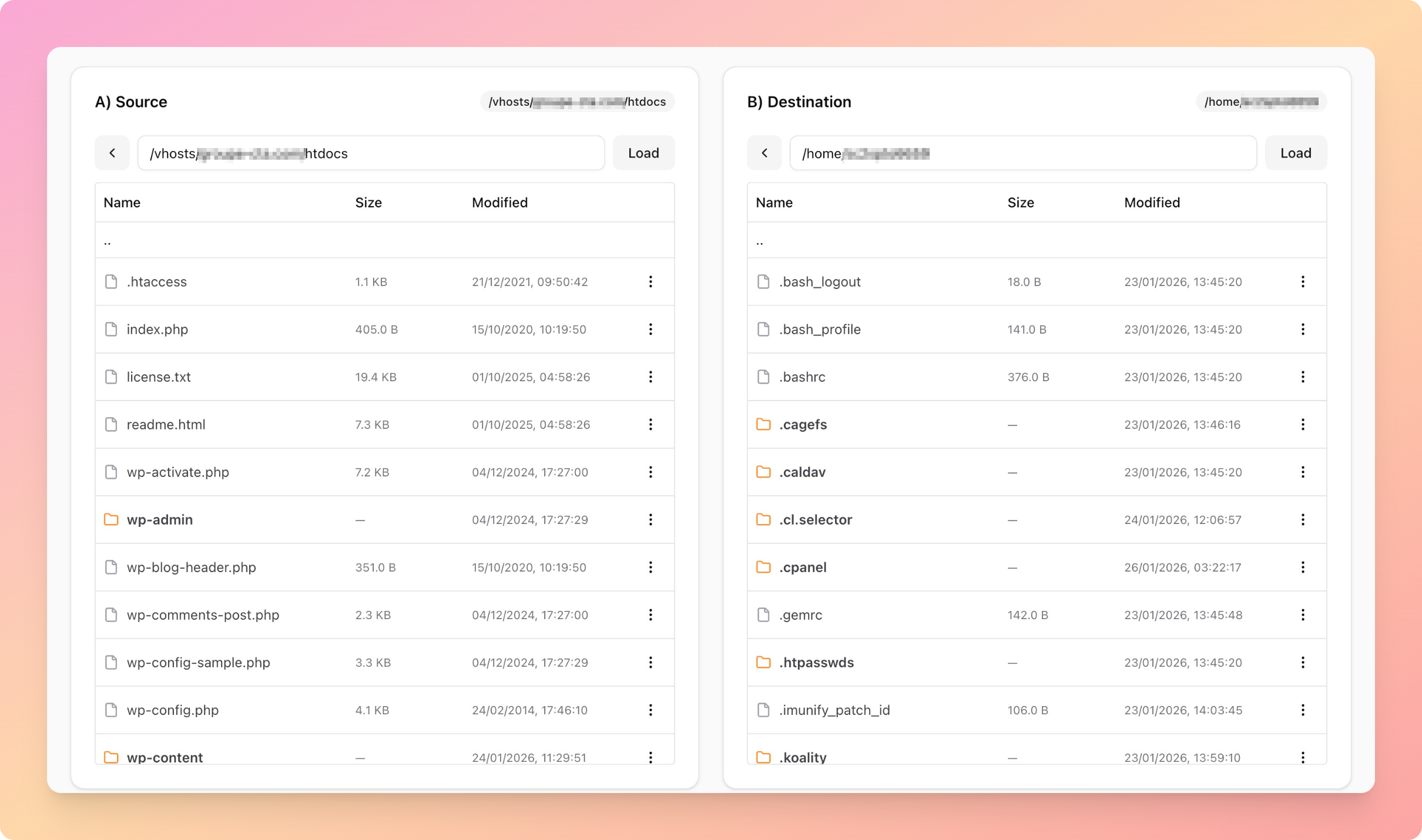 SFTP file browser for source and destination paths.