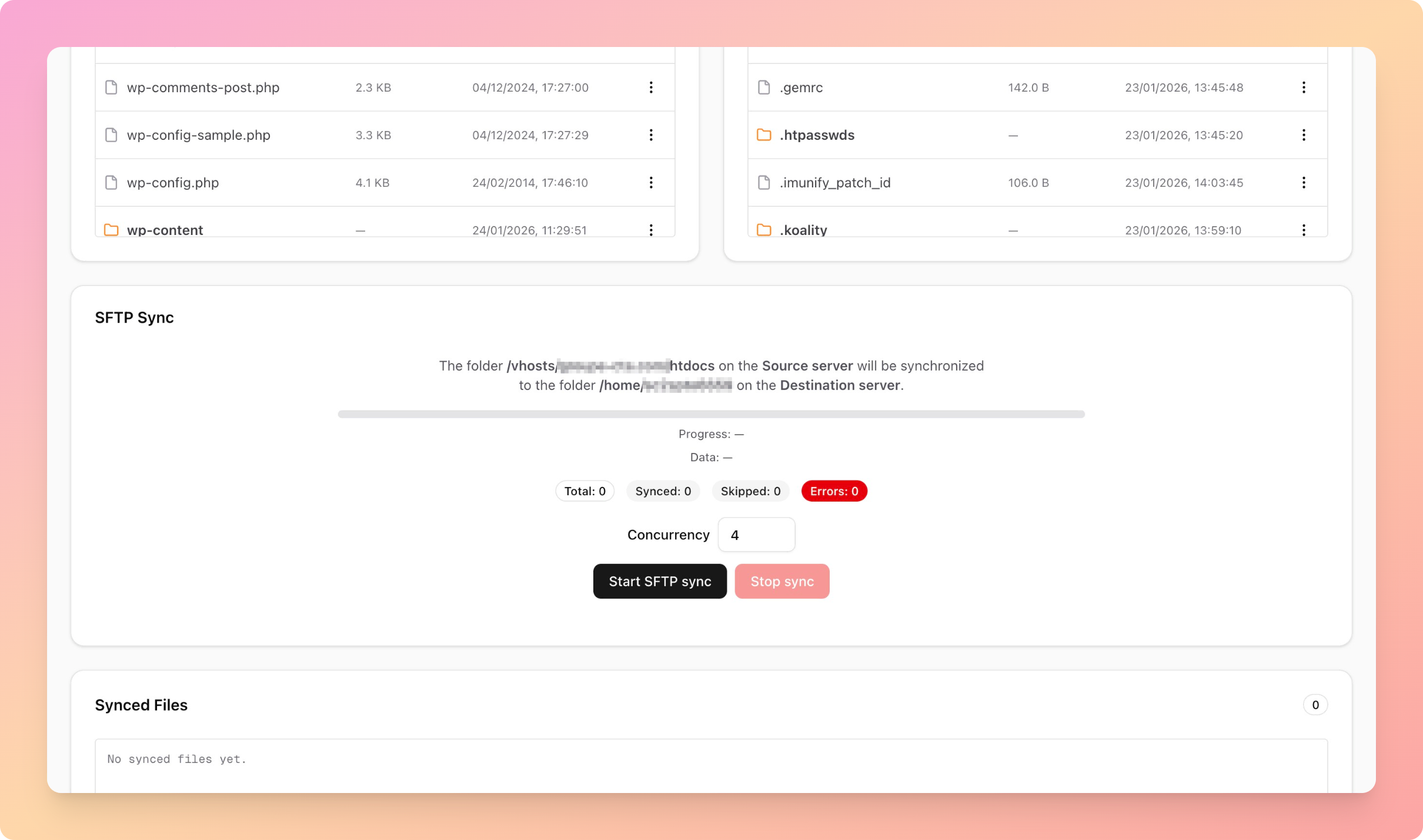 SFTP sync job controls with progress, concurrency, and run stats.