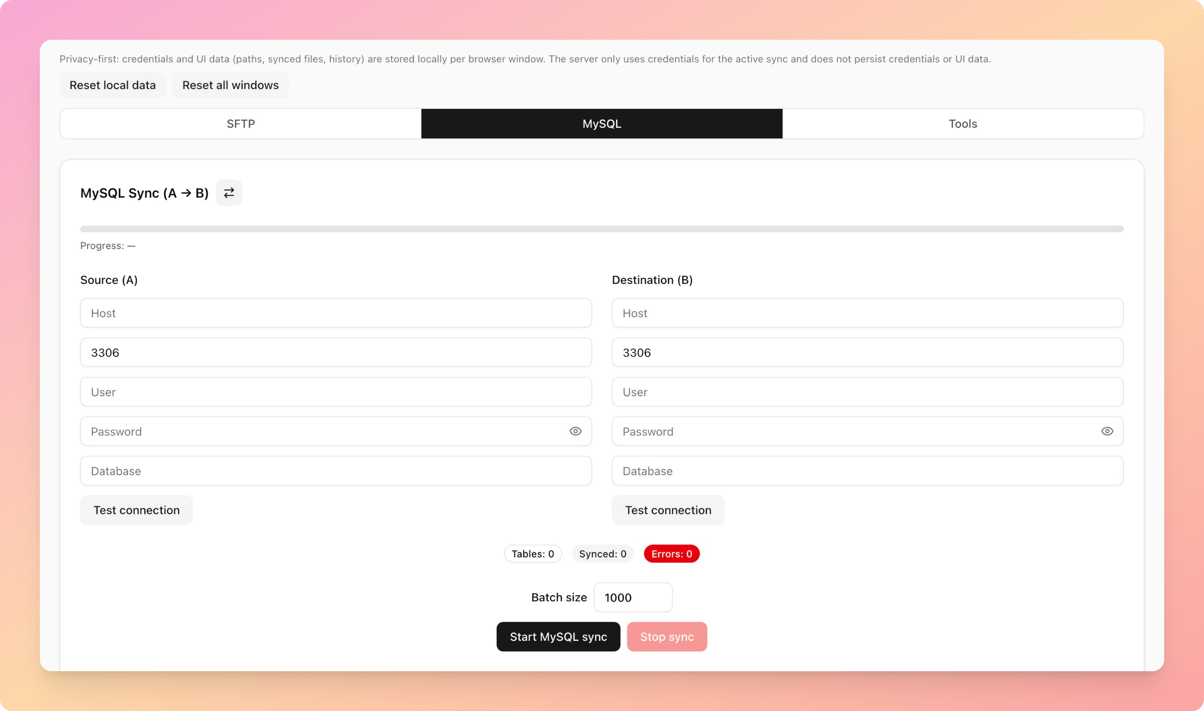 MySQL sync setup with source and destination credentials.