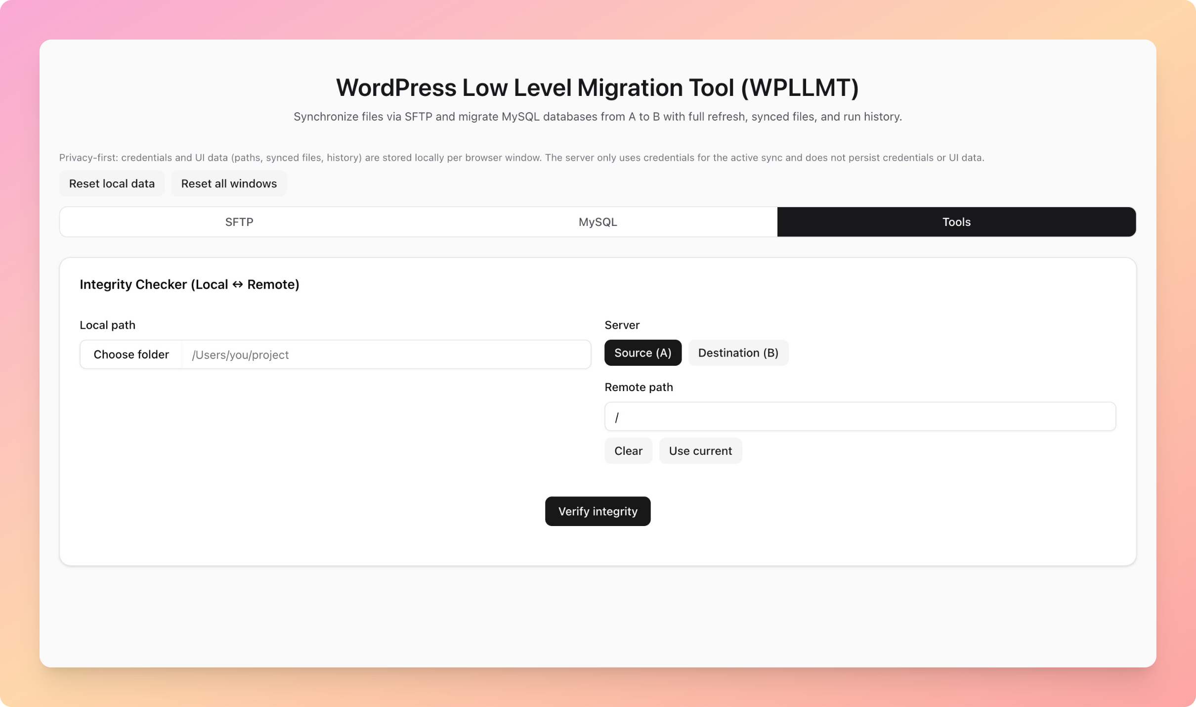 Tools tab: integrity checker to compare local and remote paths.